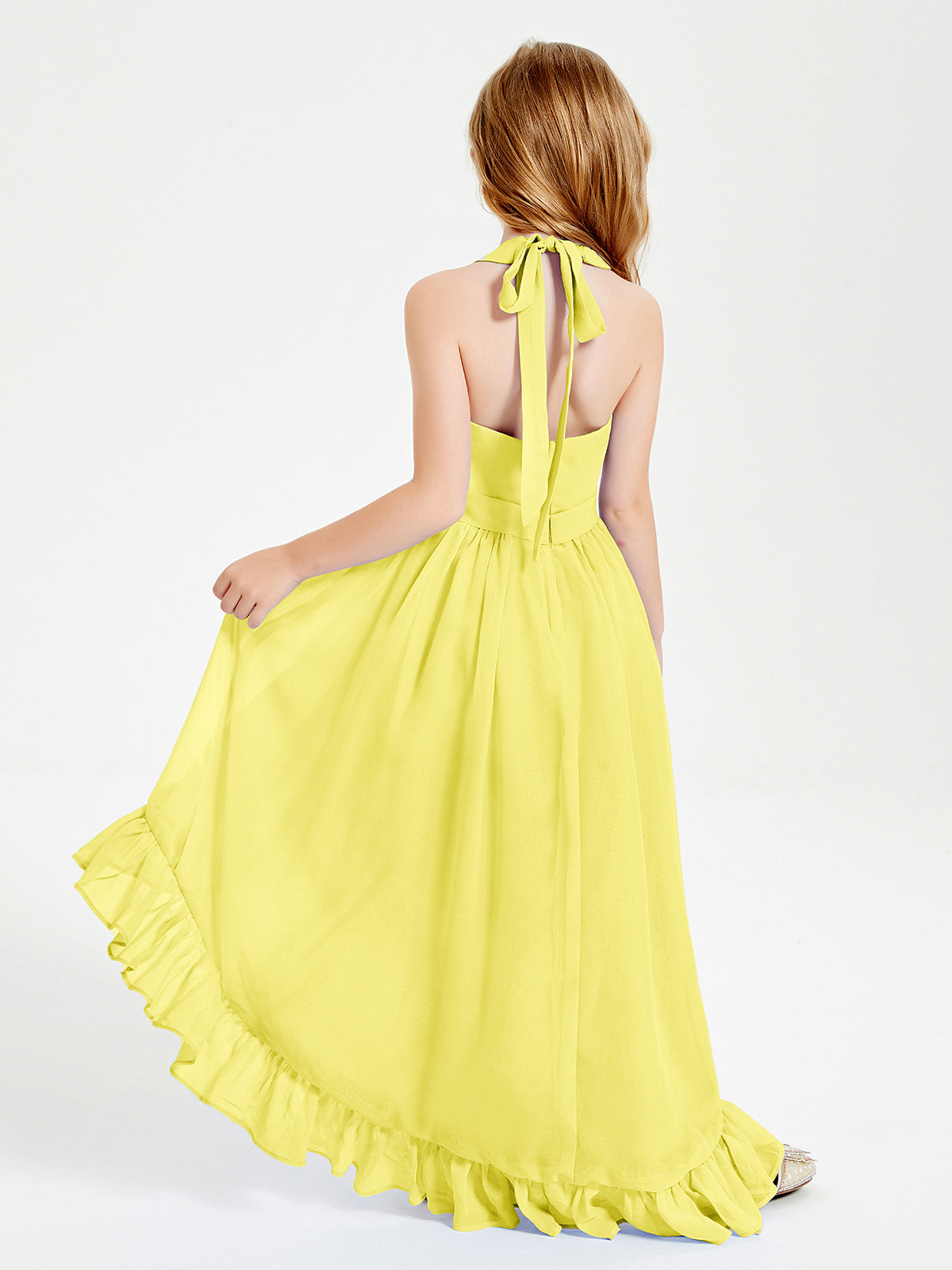 Trendy Boho Junior Bridesmaid Dresses Asymmetrical Cascading Skirt Lemon